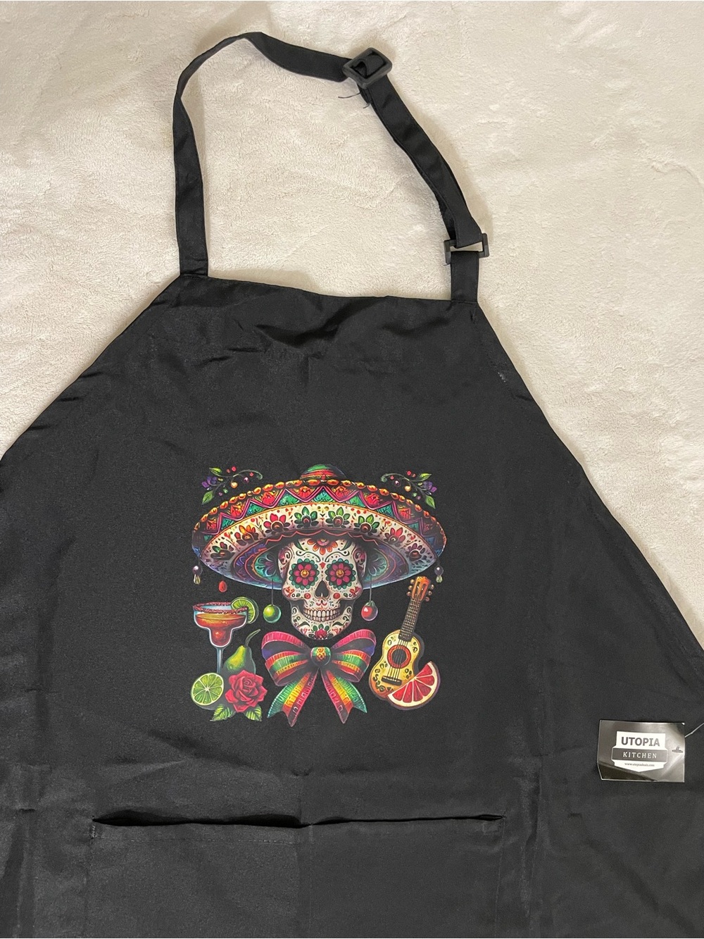 Utopia day of the dead skull design print kitchen apron NWT